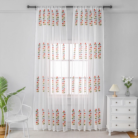 Korean Pastoral Style White Embroidered Colorful Leaf Semi-Sheer Curtain For Living Room Bedroom Window Treatment Panel