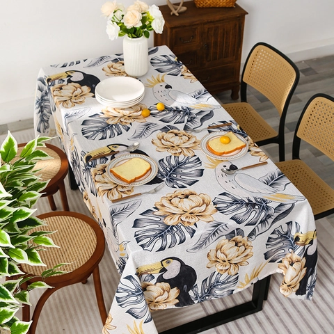 Nordic Polyester Rectangular Tablecloth With Tropical Flower Bird Print Waterproof Dustproof Table Cover For Dining Room Decor