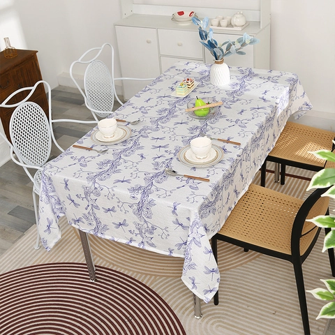 Nordic Luxury Polyester Rectangle Tablecloth Blue Mandala Floral Dragonfly Print Dustproof Oilproof Dining Table Cover Decor