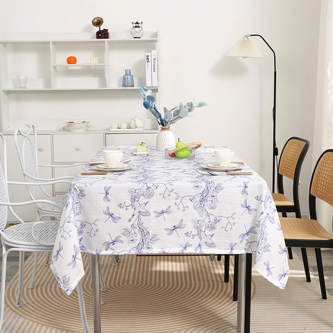 Nordic Luxury Polyester Rectangle Tablecloth Blue Mandala Floral Dragonfly Print Dustproof Oilproof Dining Table Cover Decor