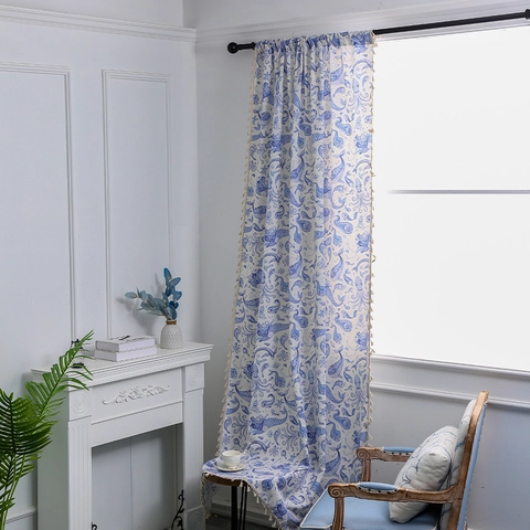 Cortinas Semicuadradas Con Flecos De Borlas Estampado De Animales Marinos Floral Poliéster Para Sala De Estar Dormitorio
