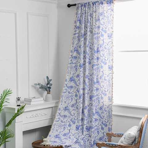 Cortinas Semicuadradas Con Flecos De Borlas Estampado De Animales Marinos Floral Poliéster Para Sala De Estar Dormitorio