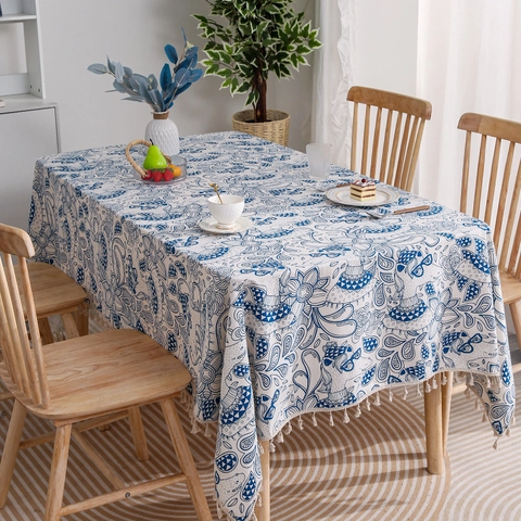 Tovaglia Nordica In Cotone E Lino Antipolvere Resistente All'olio Calore Con Nappine Per Decorazione Tavolo Cucina