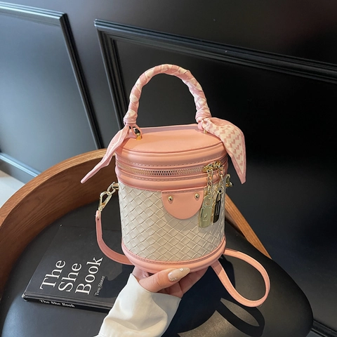 Women Woven Bucket Bag PU Leather Contrast Color Handbag With Scarf Decoration Crossbody Shoulder Bag Casual Travel Handbag