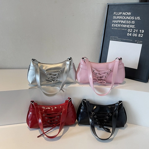 Women Minimalist PU Leather Underarm Bag Fashion Lace Up Bow Design Single Shoulder Bag Niche Commute Handbag Solid Color