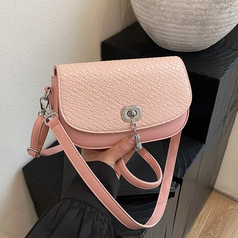 Woven Texture Saddle Bag PU Leather Shoulder Crossbody Handbag With Silver Lock For Women Niche Style
