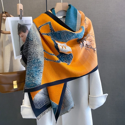 Elegante Sciarpa Effetto Cashmere con Motivo Alce per Donna Inverno Caldo Scialle con Nappine Avvolgente in Acrilico Floreale
