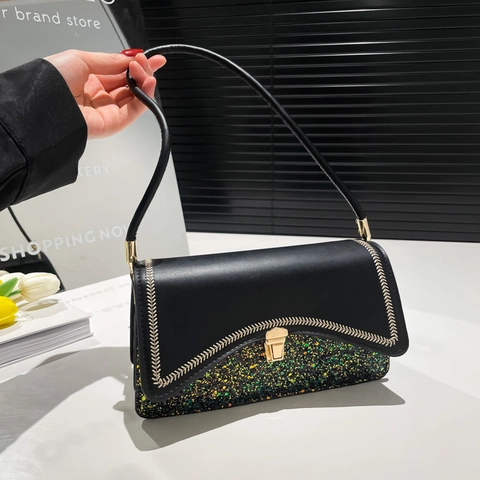 Women Shoulder Bag PU Leather Sequin Patchwork Underarm Square Bag With Metal Lock Elegant Fashion For Party Travel