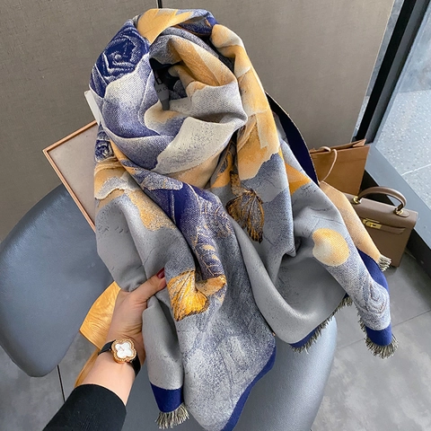 Retro Floral Lotus Print Scarf Shawl Imitation Cashmere Elegant Butterfly Pattern Large Tassel Wrap Warm Winter For Women