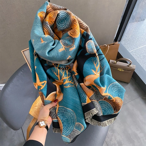 Sciarpa Invernale Donna Spessa Calda Scialle Imitazione Cashmere Motivo Alce Cervo Retrò Frange Moda Morbido Pashmina