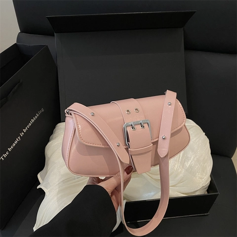 Bolso De Axila De Cuero PU Retro Para Mujer Bolso De Hombro Baguette Simple Con Hebilla Plateada Grande Correa Ajustable