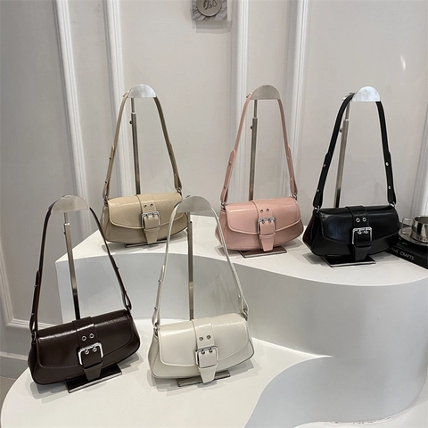 Damen Vintage PU Leder Unterarmtasche Mode Satteltasche Umhängetasche Mit Großer Metallschnalle Minimalistische Einfarbige Handtasche