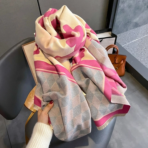 Sciarpa Scialle In Imitazione Cashmere Moda Coreana Motivo Floreale Diamante Argyle Spesso Doppio Lato Caldo Inverno Frange