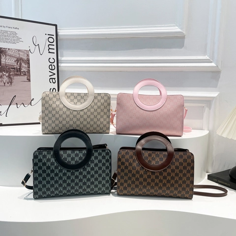 Damen Mode Monogramm Buchstabendruck Umhängetasche Mit Rundem Ringgriff PU Leder Handtasche Kleine Quadratische Schultertasche
