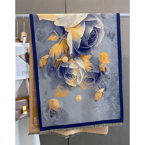 Retro Floral Lotus Print Scarf Shawl Imitation Cashmere Elegant Butterfly Pattern Large Tassel Wrap Warm Winter For Women