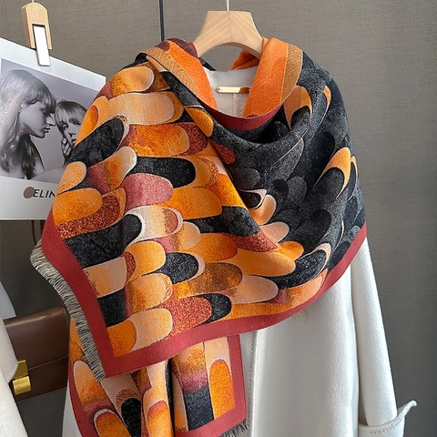 Sciarpa In Imitazione Cashmere Da Donna Inverno Caldo Grande Scialle Motivo Geometrico Nappine Morbido Alla Moda