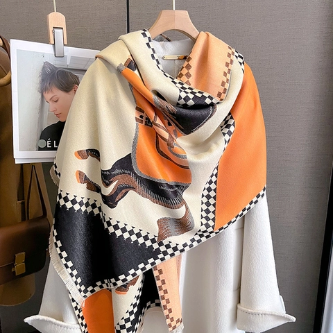 Sciarpa Scialle Retro Stampa Cavallo Imitazione Cashmere Donna Calda Spessa Doppia Faccia Scacchiera Elegante Nappe