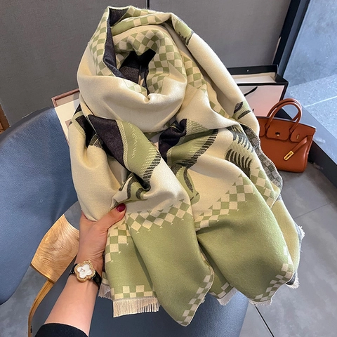 Sciarpa Scialle Retro Stampa Cavallo Imitazione Cashmere Donna Calda Spessa Doppia Faccia Scacchiera Elegante Nappe