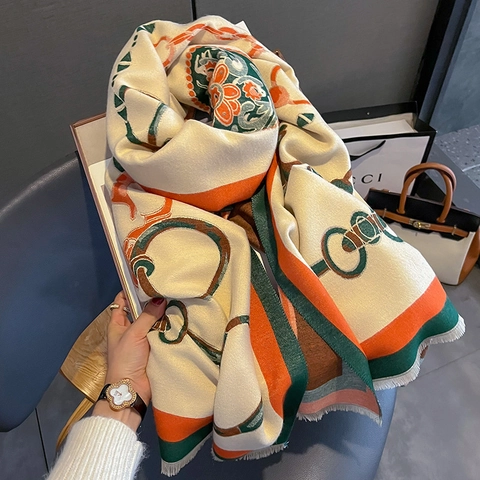 Sciarpa Invernale Da Donna Scialle Spesso Caldo Imitazione Cashmere Vintage Motivo Catena Morsetto Frange Elegante