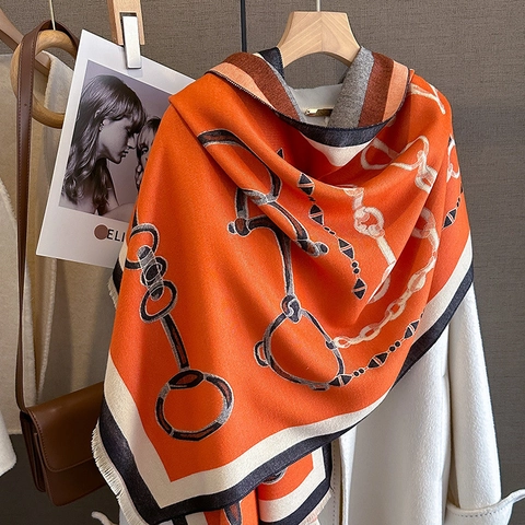 Sciarpa Invernale Da Donna Scialle Spesso Caldo Imitazione Cashmere Vintage Motivo Catena Morsetto Frange Elegante