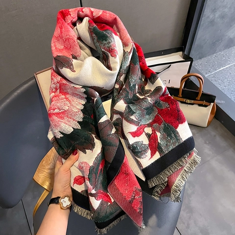 Retro Floral Peony Print Double Sided Imitation Cashmere Scarf Thick Warm Winter Shawl Wrap With Tassels For Women
