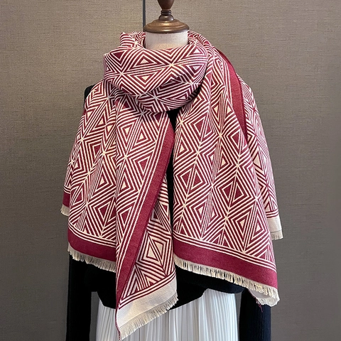Sciarpa Scialle A Quadri Geometrici In Imitazione Cashmere Da Donna Inverno Caldo Nappa Frangia Morbida Avvolgente Moda