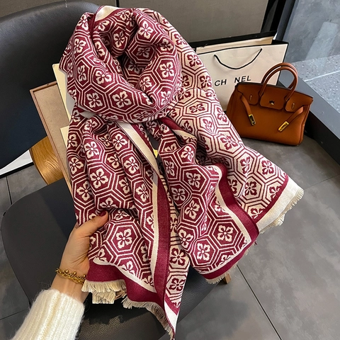 Sciarpa Invernale Donna Calda Poliestere Imitazione Cashmere Jacquard Floreale Esagono Vintage Scialle Con Nappe