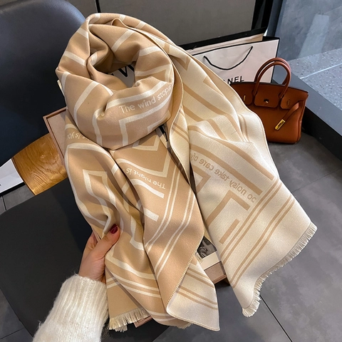 Geometric Letter Pattern Scarf Imitation Cashmere Thick Warm Winter Shawl Wrap For Women Elegant Fringed Edge Pashmina