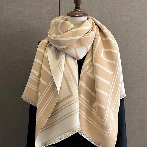 Geometric Letter Pattern Scarf Imitation Cashmere Thick Warm Winter Shawl Wrap For Women Elegant Fringed Edge Pashmina