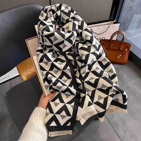 Geometric Triangle Pattern Scarf Shawl Imitation Cashmere Tassel Fringe Warm Winter Wrap For Women Fashion Jacquard