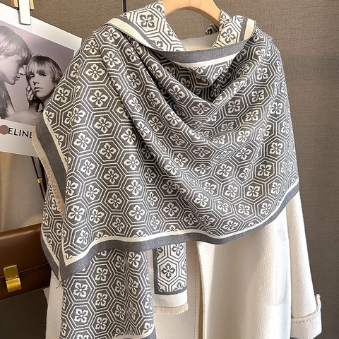 Sciarpa Invernale Donna Calda Poliestere Imitazione Cashmere Jacquard Floreale Esagono Vintage Scialle Con Nappe