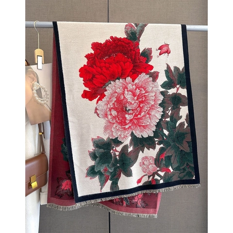 Retro Floral Peony Print Double Sided Imitation Cashmere Scarf Thick Warm Winter Shawl Wrap With Tassels For Women