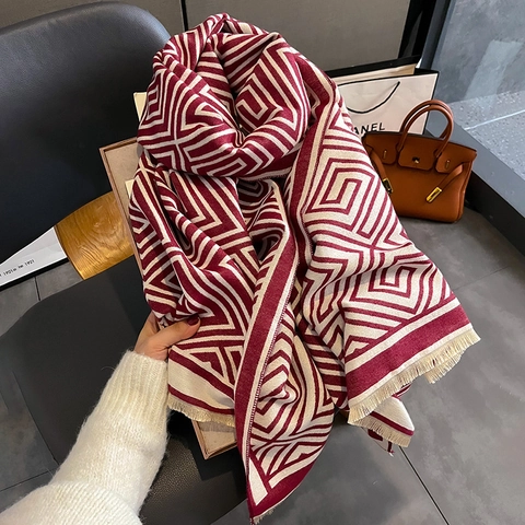 Damen Warmer Winter Schal Stola Kaschmir Imitat Geometrisches Labyrinth Muster Quasten Eleganter Wickel