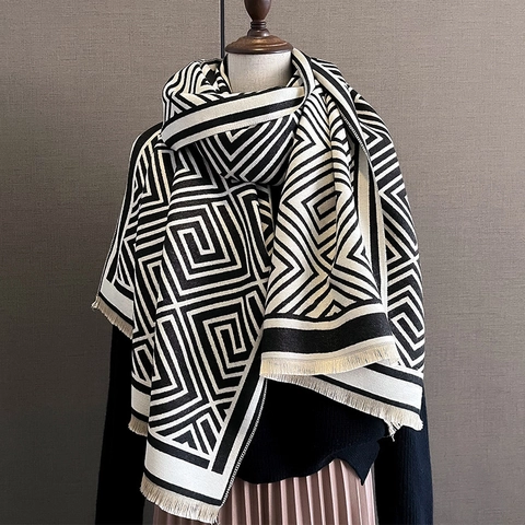 Damen Warmer Winter Schal Stola Kaschmir Imitat Geometrisches Labyrinth Muster Quasten Eleganter Wickel