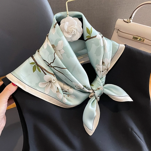 Women's 100% Mulberry Silk Square Scarf Elegant White Magnolia Floral Print Neck Scarf Light Blue Autumn Winter Decorative Silk Foulard