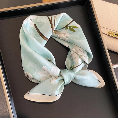 Women's 100% Mulberry Silk Square Scarf Elegant White Magnolia Floral Print Neck Scarf Light Blue Autumn Winter Decorative Silk Foulard