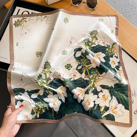 Fashion Floral Print Mulberry Satin Square Scarf Decorative Small Neck Wrap Elegant Versatile Accessories For Women