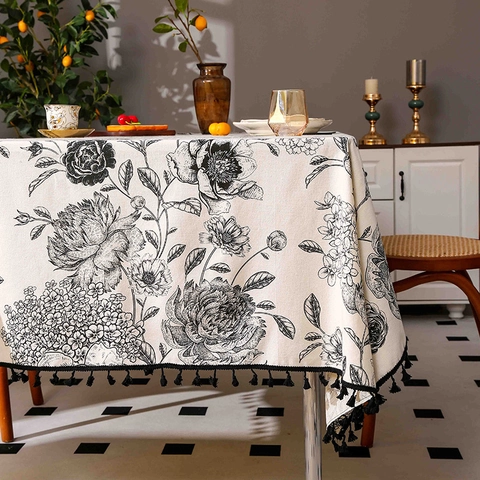 Bohemian Cotton Linen Tablecloth Rectangular Floral Geometric Pattern Tassel Edge Dustproof Washable Kitchen Table Cover