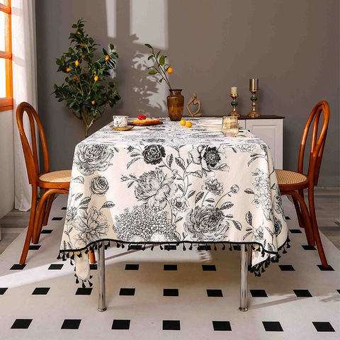 Nordic Boho Style Tassel Tablecloth Waterproof Heat Resistant Polyester Fabric Floral Geometric Printed Dining Table Cover For Home Kitchen Decoration