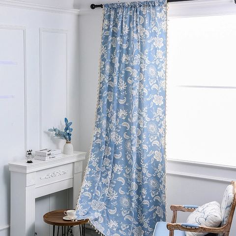 Floral Printed Window Curtains With Tassels Semi Shading Polyester Fabric For Bedroom Living Room Nordic Style Drapes