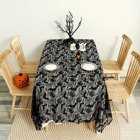 Halloween Tablecloth Black Lace Rectangular Bat Spider Web Skull Pumpkin Pattern Polyester Party Table Decoration