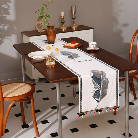 Camino de Mesa Minimalista Nórdico Con Borlas de Colores Tela de Poliéster Para Comedor Mesa de Centro Decoración Pluma Diseño Geométrico