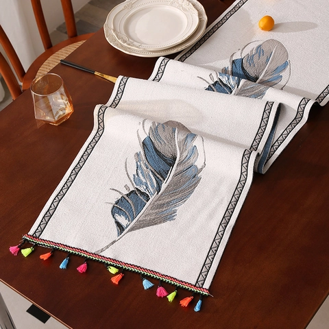 Camino de Mesa Minimalista Nórdico Con Borlas de Colores Tela de Poliéster Para Comedor Mesa de Centro Decoración Pluma Diseño Geométrico