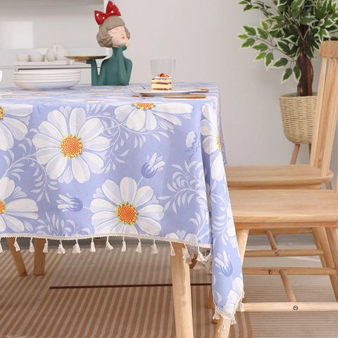 Mantel Nórdico de Algodón y Lino Rectangular Redondo A Prueba de Polvo Aceite Patrón Floral Animal Con Borlas para Comedor