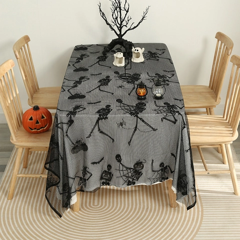 Halloween Lace Tablecloth Black Polyester Mesh Skull Spider Web Bat Pumpkin Pattern Rectangular Gothic Party Decor
