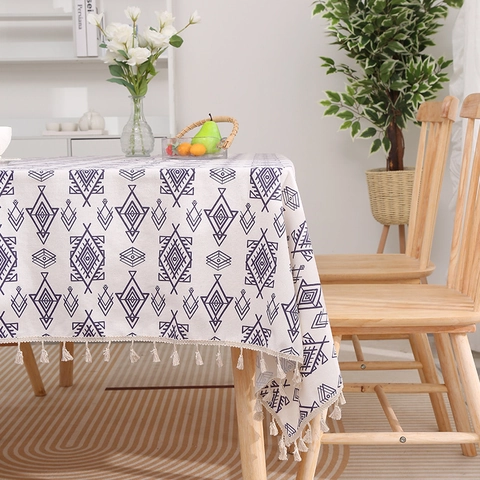 Cotton Linen Tablecloth Waterproof Oilproof Tassel Edge Nordic Minimalist Printed Rectangular Round Table Cloth Dining Decor