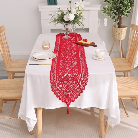 Chemin de Table en Dentelle Vintage Crochet Ajouré Motif Floral Avec Glands Nappe en Poliestere pour Mariage Fête Maison
