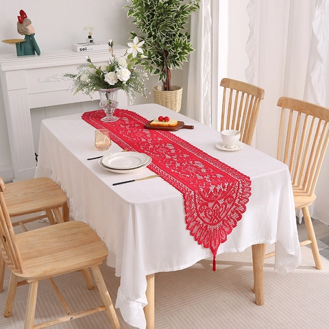 Chemin de Table en Dentelle Vintage Crochet Ajouré Motif Floral Avec Glands Nappe en Poliestere pour Mariage Fête Maison