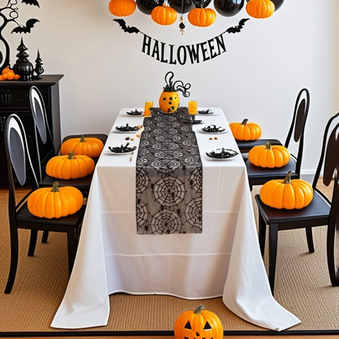 Τραβέρσα Halloween Μαύρη Δαντέλα Διάτρητο Ιστός Αράχνης Χέρι Φαντάσματος Πανί Τζακιού για Πάρτι Σπίτι Κουζίνα Γοτθικό Στυλ