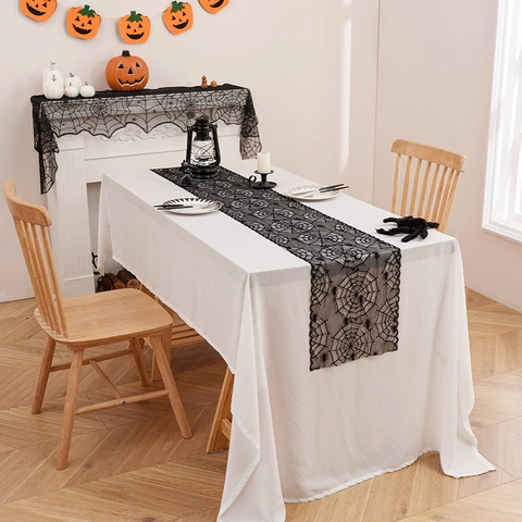 Halloween Tafelloper Zwart Kant Opengewerkt Spinnenweb Spookhand Openhaard Kleed Voor Feest Thuis Keuken Decor Gothic Stijl